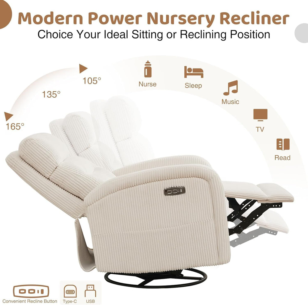 Power Swivel Rocker Recliner Chair,Nursery Glider Recliner,Cream White | 270° Swivel Rocker with Type-C & USB Port