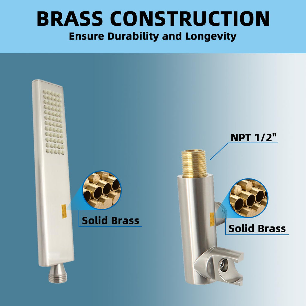 Solid Brass Handheld Shower Head Arc Design High Pressure Brushed Nickel Hand Shower Wand with Adjustable Supply