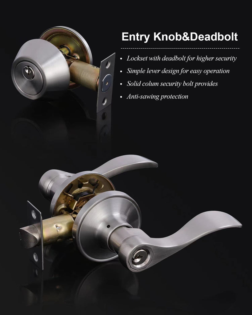 Keyed Alike Front Door Lever Lockset with Single Cylinder Deadbolt Combination Set, Exterior Door Knob with Lock and
