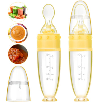 2 Pcs Baby Spoon with Bottle Squeeze Feeder Silicone Infant,Yellow