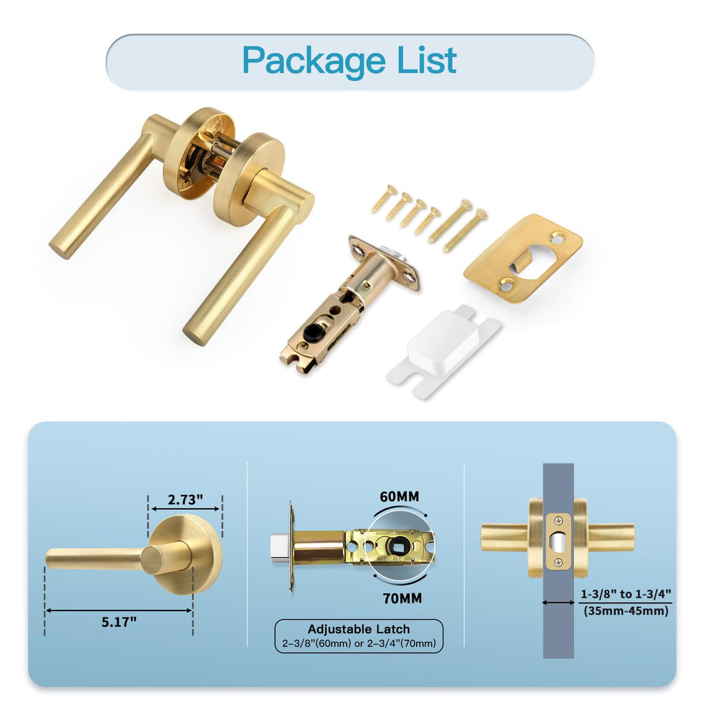 Brushed Gold Keyless Passage Door Lever, Heavy Duty Gold Interior Door Handle, Round Non-Locking Door Lock or Closet