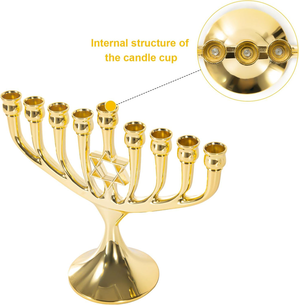 Hanukkah Upgrade Cups with Built-in Pins, Star of David Candle Holders 9 Branches Gold Plated Candlesticks Jewish