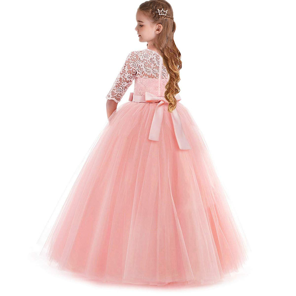 Flower Girls 3/4 Sleeve Tulle Lace First Communion Dress Birthday Christening Pageant Wedding Party Ball Gown Pink