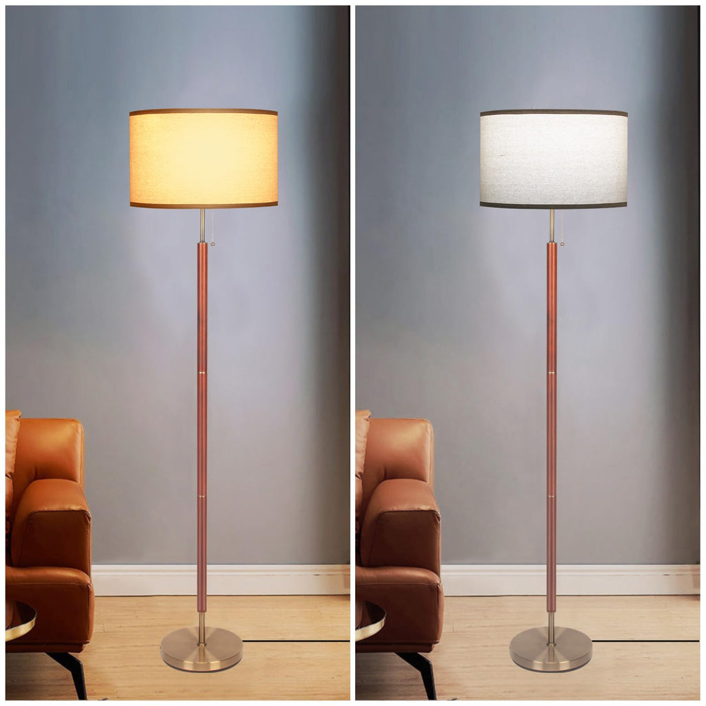 Mid-Century Modern Floor Lamp, Walnut Wood Finish, Drum Shade, Living Room Décor (64in, E26 LED)