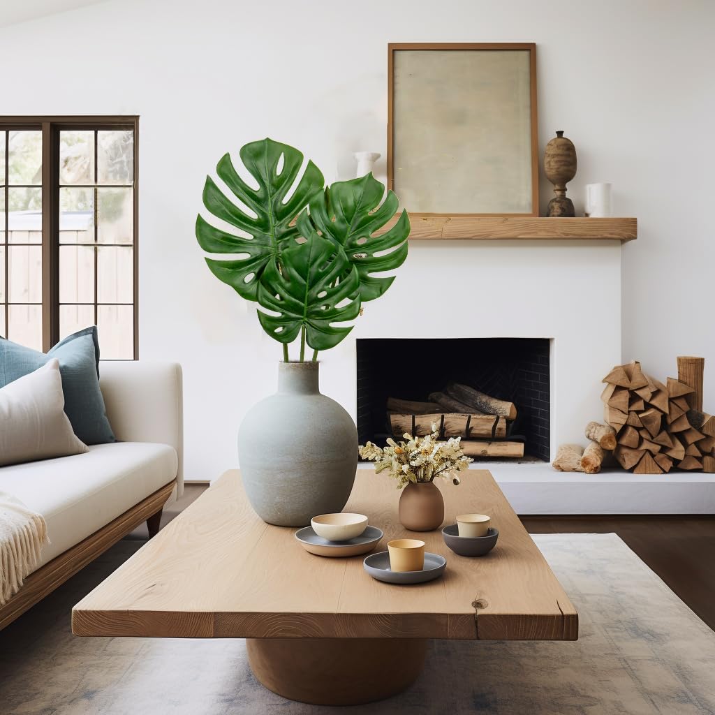 3 Pack Artificial Monstera Leaves with Long Stem for Vase - Fake Tropical Plants Palm Leaves Realistic Philo Turtle