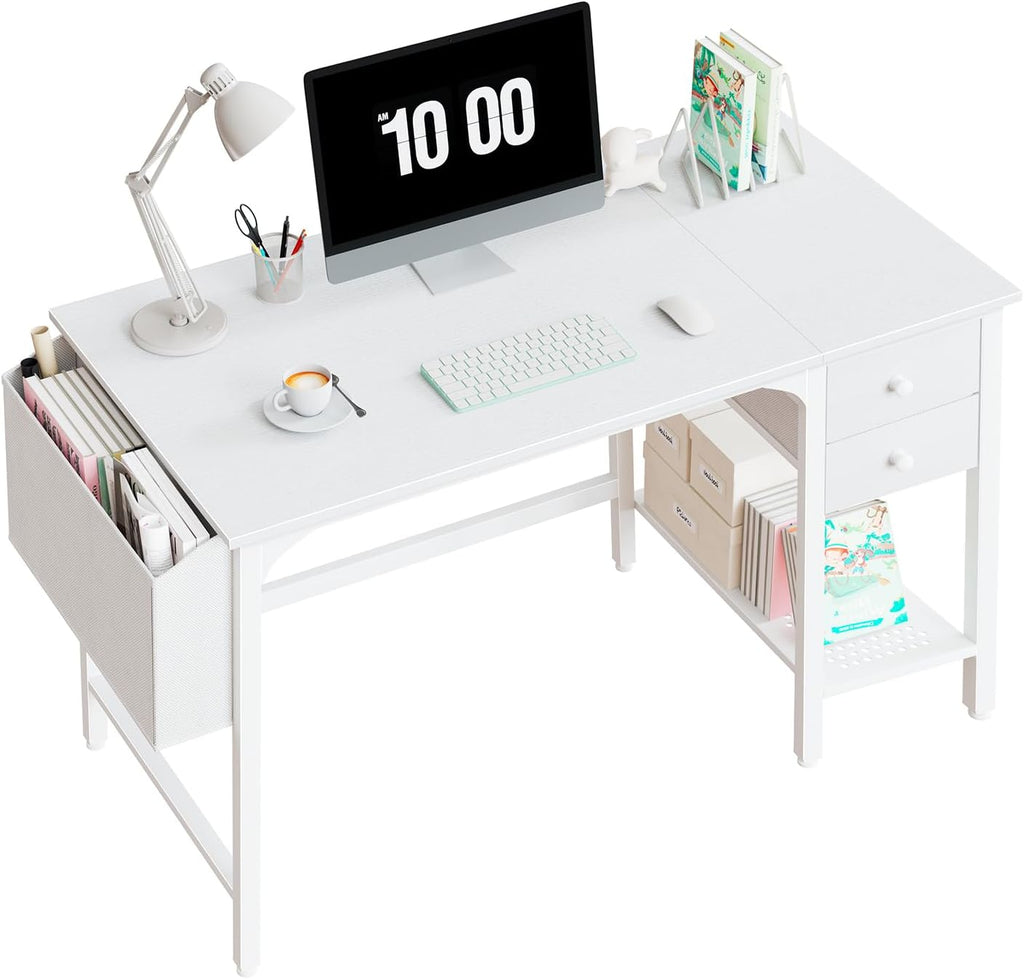White Small Desk with Drawers - 40 Inch Computer Desk for Small Space Home Office