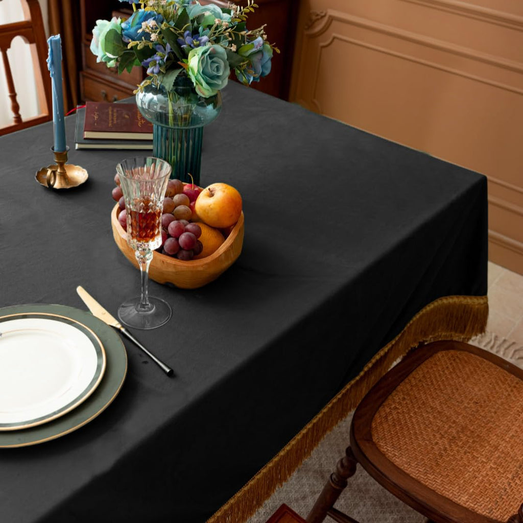 Black Velvet Tablecloth, Vintage Rectangular Table Cover, Luxurious Plush Velvet with Elegant Gold Tassel Trim