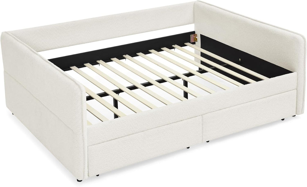 Queen Size Boucle Upholstered Daybed with 2 Storage Drawers, Soft Day Bed Living Room Apartment, Easy Assembly-Beige