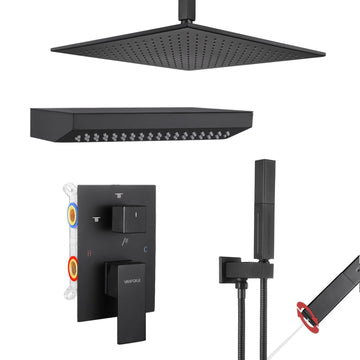 Shower Faucet Set Matte Black Shower System, Four Modes Shower Faucet with 2 in 1 Handheld, Ceiling Mount 12 Inch