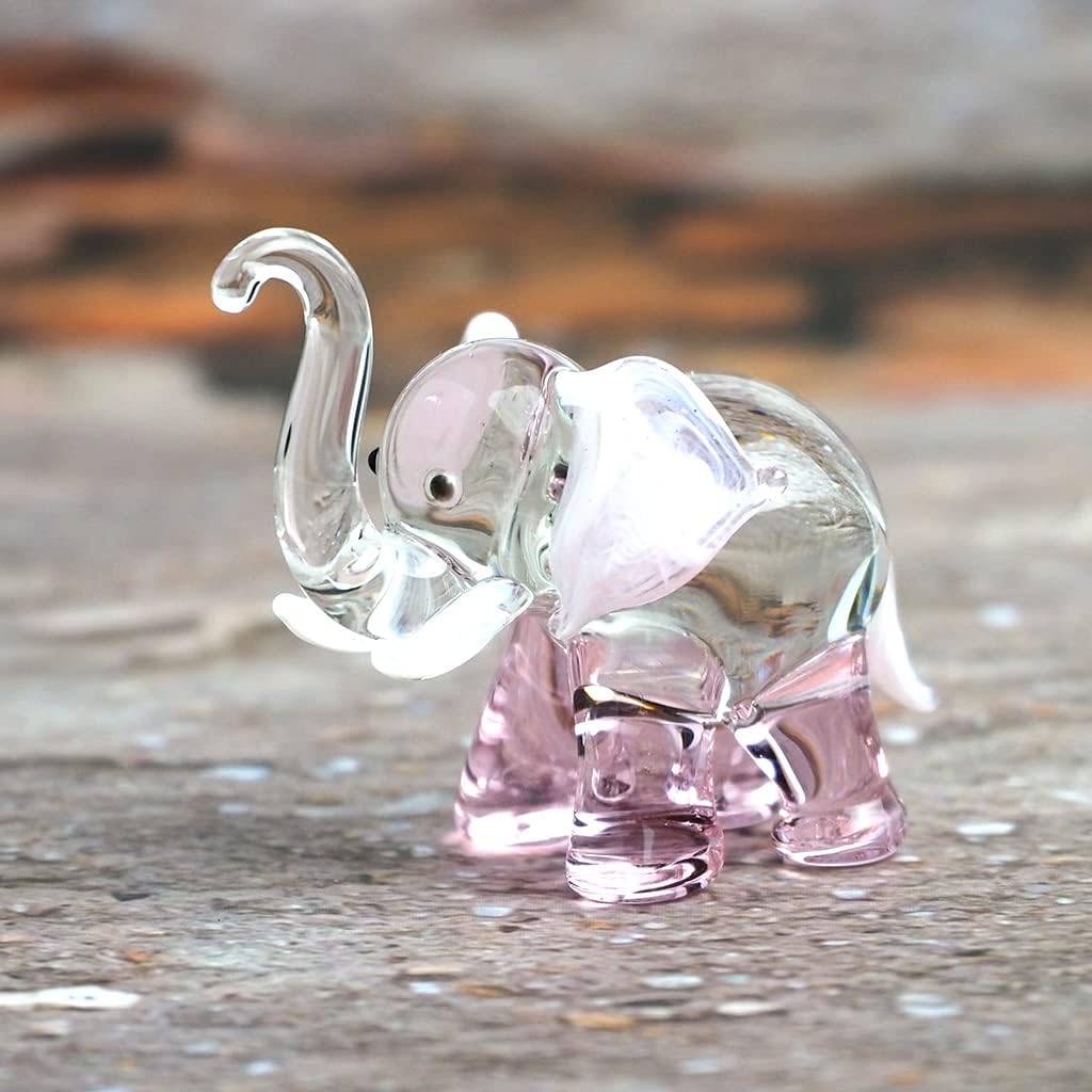 Lucky Elephant Figurines Pink Hand Blown Art Glass Collectible Animal Ornament Gift Decor, 1.5 x 2.5 x 1.8 inches
