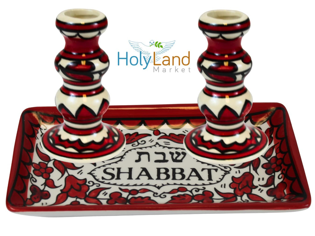 Shabbat Candlesticks Set Ceramic Red Candle Holders