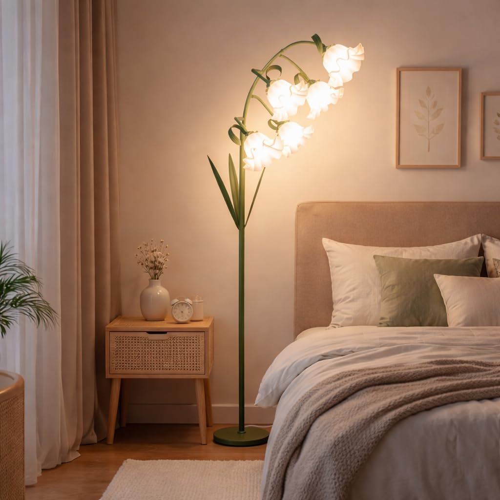 Flower Floor Lamp, Arc Floor Lamp with 5 E26 LED Bulbs, Cute Green Floral Standing Lamp with 3 Color Modes, Foot