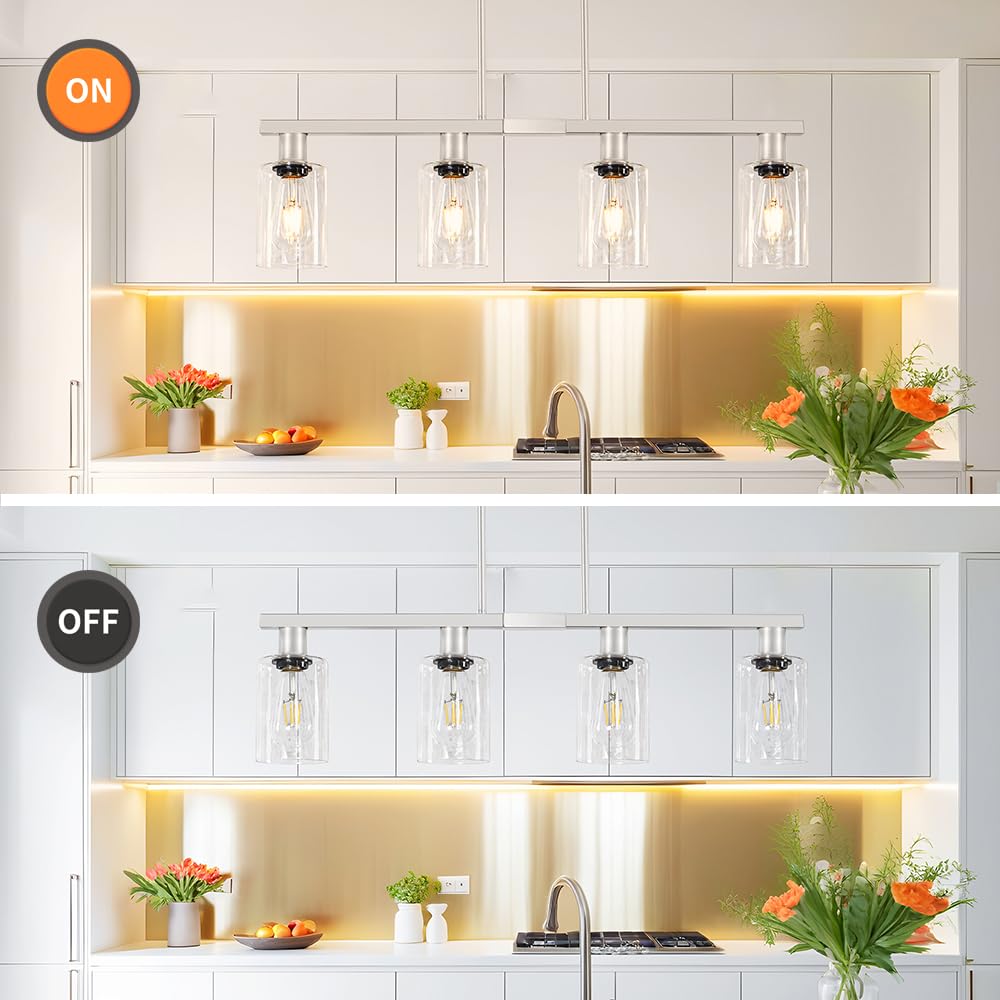 Brushed Nickel 4-Light Kitchen Island Lighting, Adjustable Island Lights with Clear Glass Shades - Kitchen Pendant