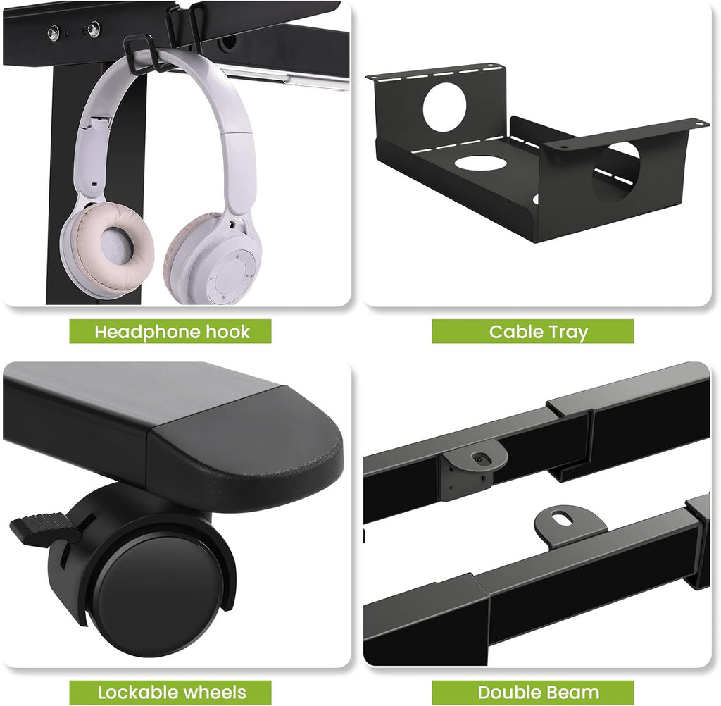 Dual Motor Electric Standing Desk Frame with Cable Management Tray, Wheels & Hooks, Heavy Duty Stand Up Desk Legs