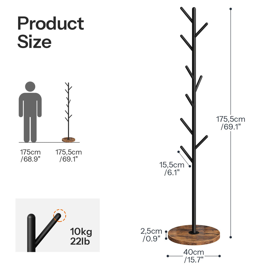 Coat Rack Stand with 9 Hooks, Metal Freestanding Coat Tree with Wooden Base, Heavy Duty Hall Tree, Space Saving Coat