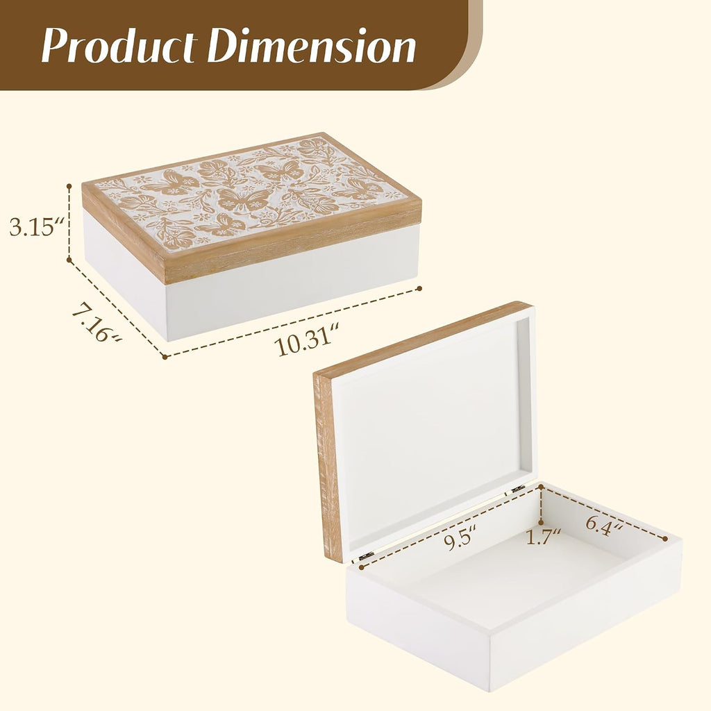 Wooden Keepsake Box - Decorative Wood Boxes with Hinged Lid, Butterfly Engraved Design, 10.24" W