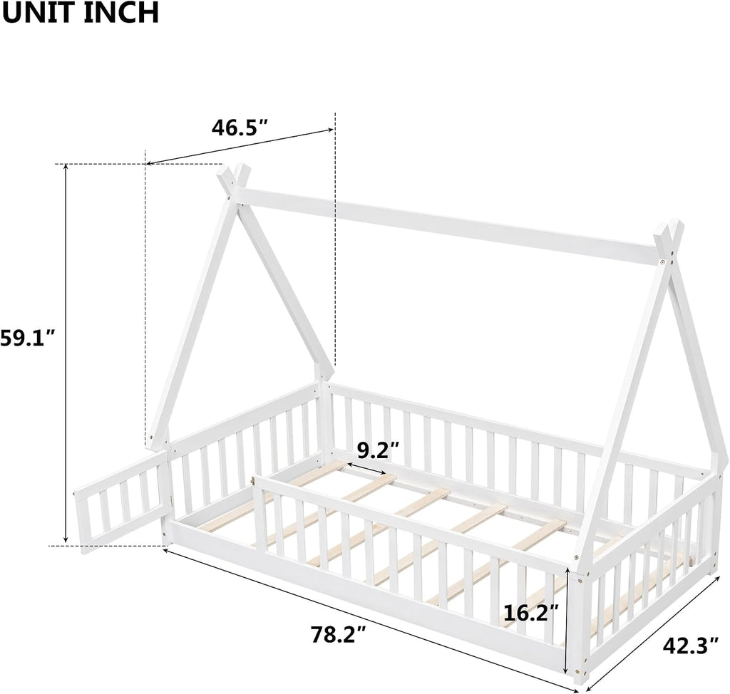 Floor Bed for Kids Tent-Shaped Montessori Floor Bed with Slats and Guardrails Wood Teepee Bed Frame