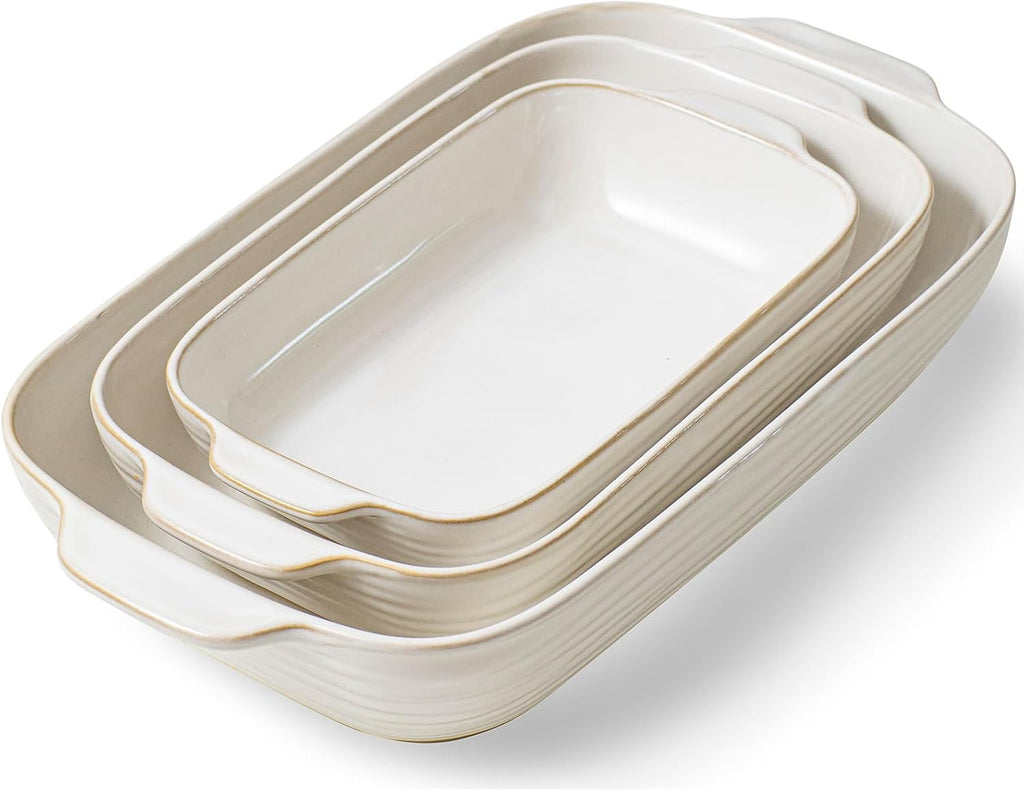 Dish for Oven, Ceramic Casserole Dishes Set for 3, Rectangular Lasagna Pan Deep, Pans with Handle, 12.9"/10.8"/8.4"