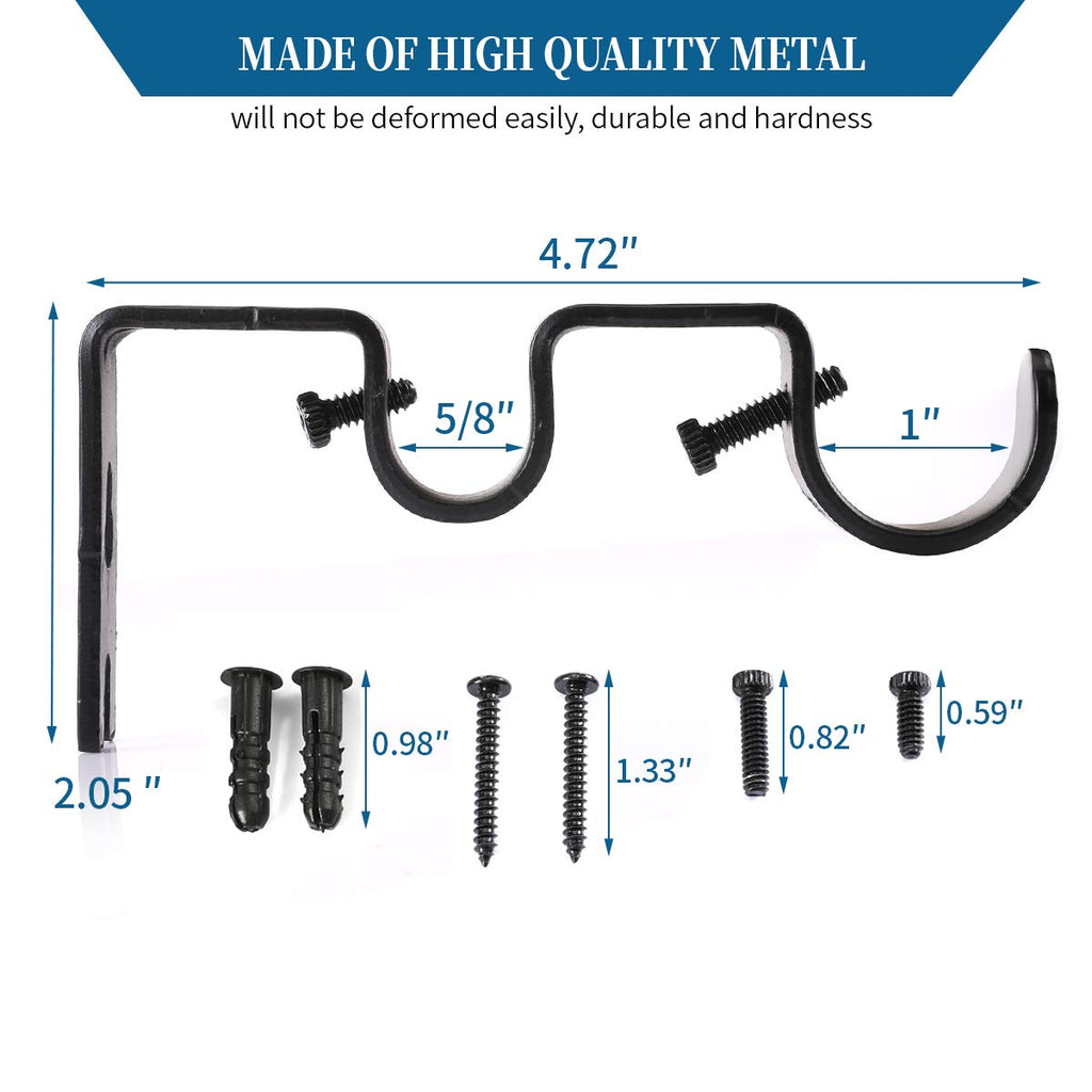 Heavy Duty Double Curtain Rod Brackets, 1" & 5/8" Inch Rod Holders (Set of 2, Black)