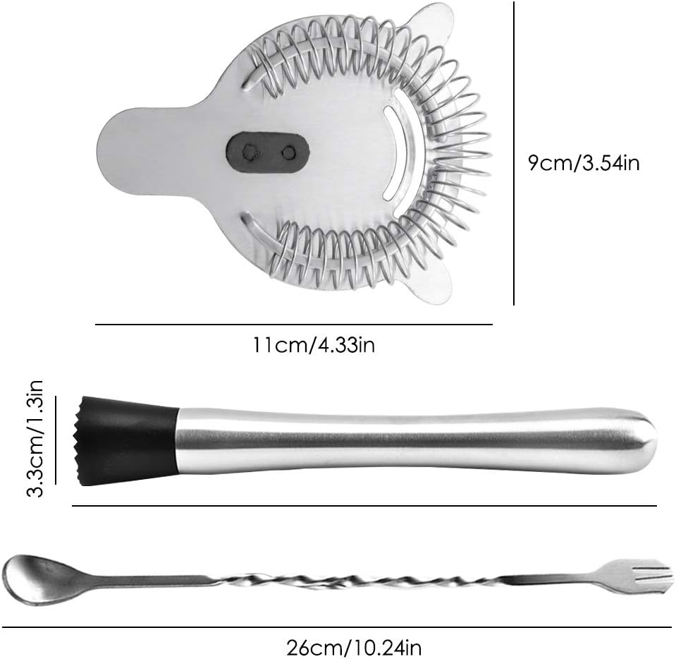 Stainless Steel Cocktail Muddler, Spiral Mixing Spoon & 4-Prong Bar Strainer, Home Bar Bartender's Muddling Tool Set - Set of 3