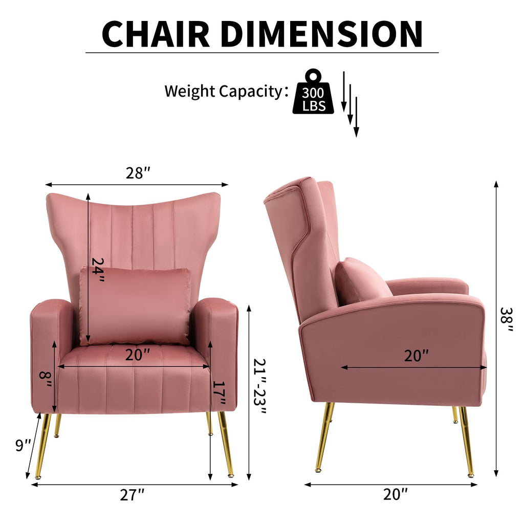 Velvet Accent Chair Bedroom, Modern Arm Chair with Wingback & Gold Metal Legs, Lumbar Pillow Included, Blush Pink