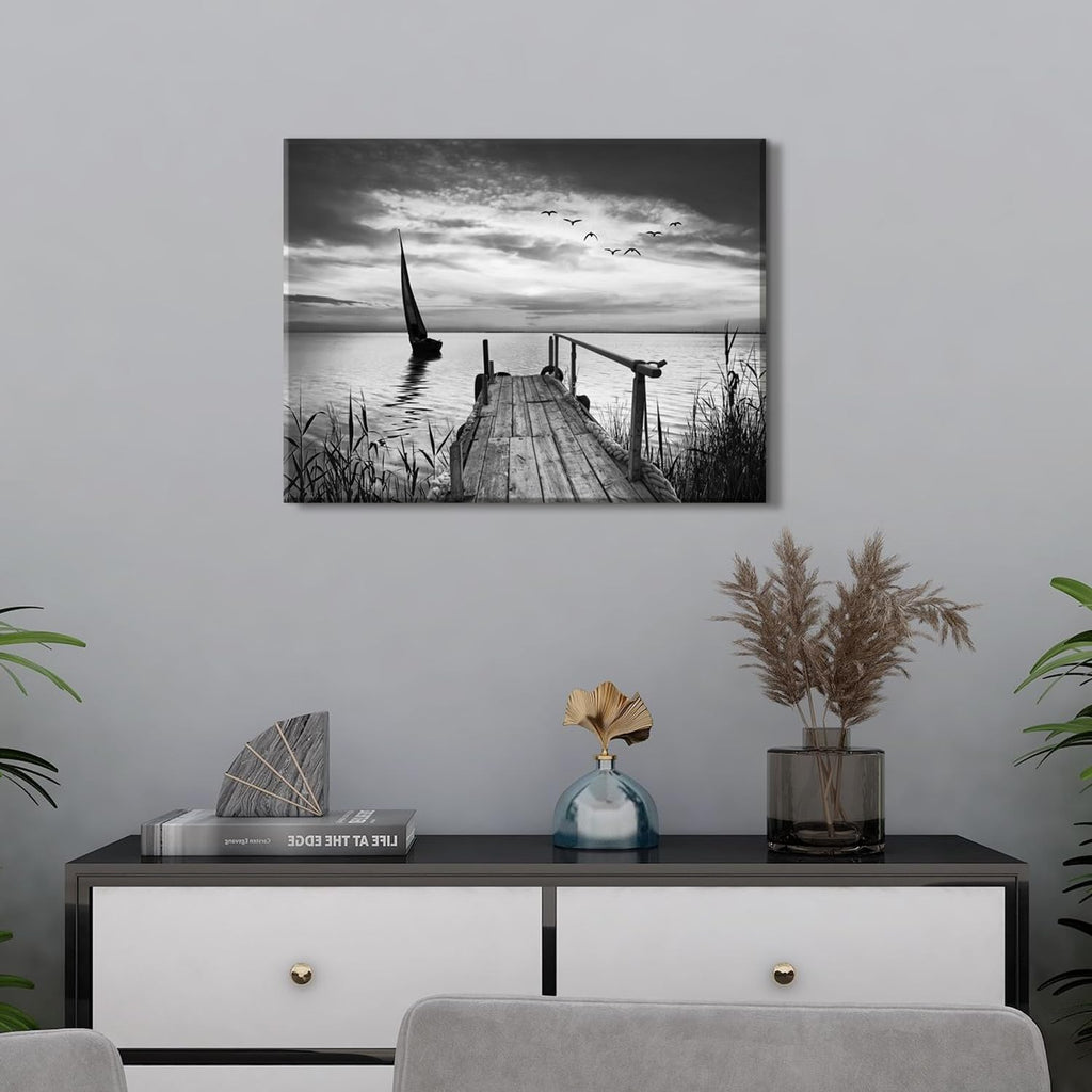 Nature Beach Landscape Wall Art Black and White Paintings Wall Decor Ocean Coastal Scenery Canvas Prints Seascape