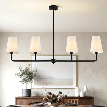47.6" Large Linear Pendant Light, 4-Light Kitchen Island Lighting with White Linen Shades, Modern Matte Black