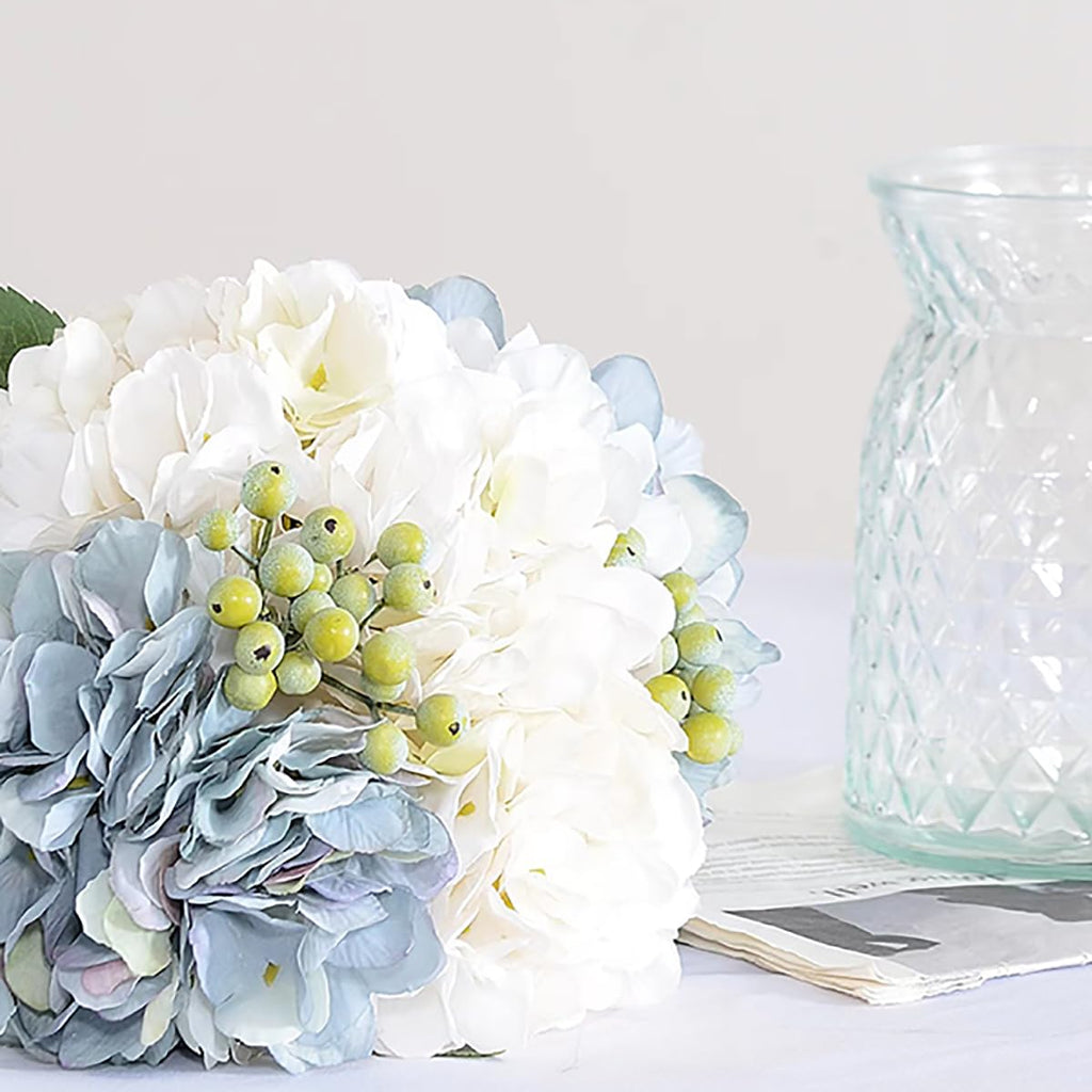 Hydrangeas Floral Arrangement in Glass Vase; Fake Blue