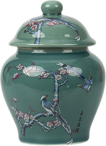 Green Ceramic Chinese Ginger Jar Vase Chinoiserie Decorative Jar with Leakproof Lid