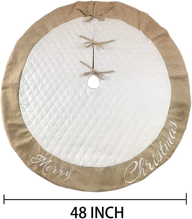 48 Inch Christmas Tree Skirt White Thick Luxury Quilted Cotton with Burlap Decoration for Merry Christmas Party