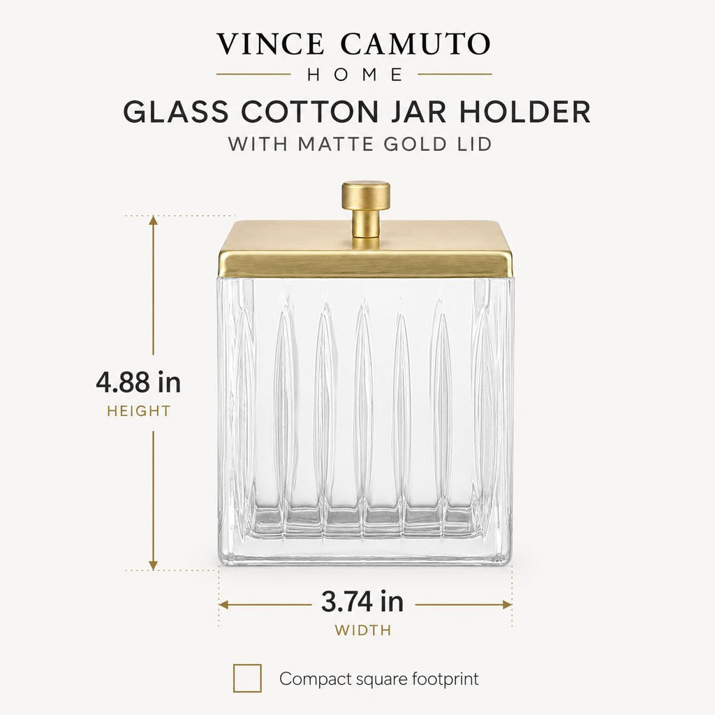 Glass Cotton Jar Holder - Matte Gold Lid, Elegant Bathroom Storage Canister for Qtips, Cotton Balls, Floss