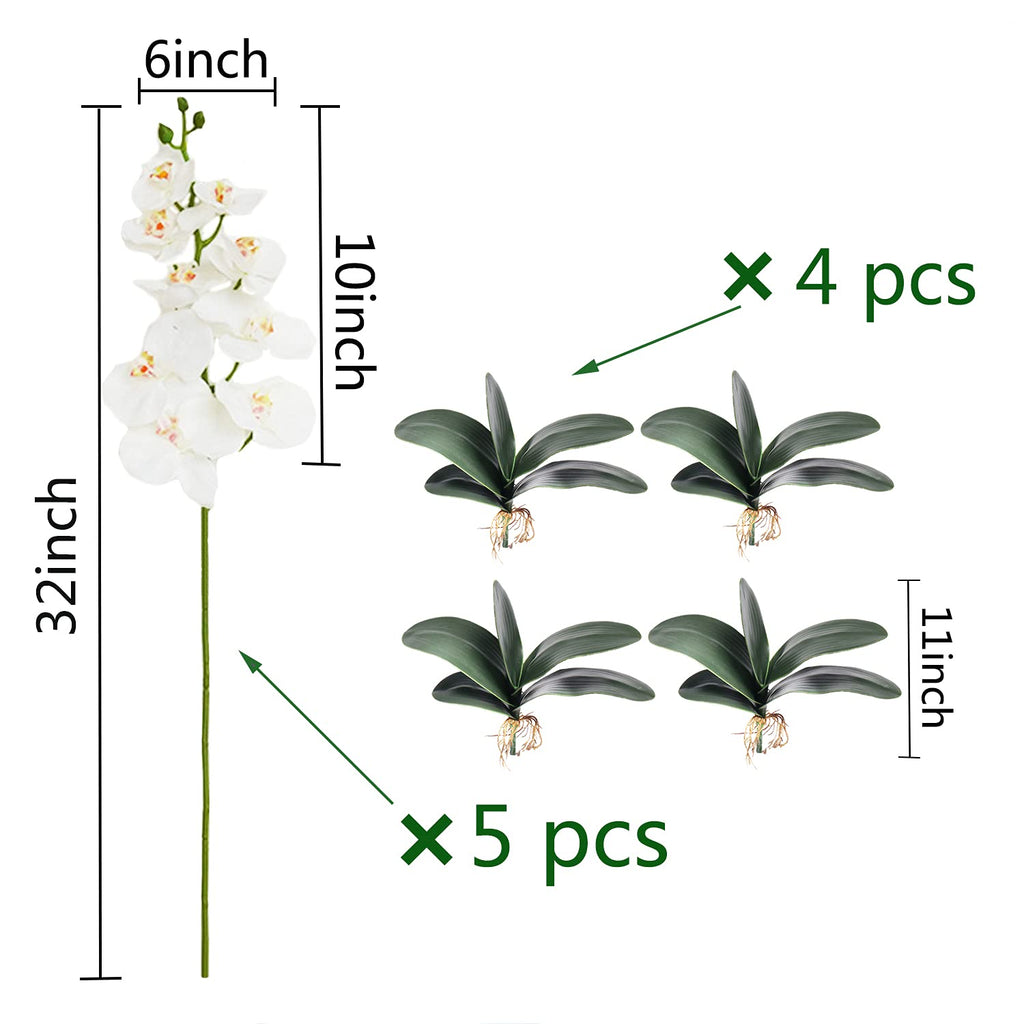 5 Pcs Artificial Phalaenopsis Flowers and 4 Bundles Leaves, Artificial Orchid Flowers with 4 Bundles Leaves Stem