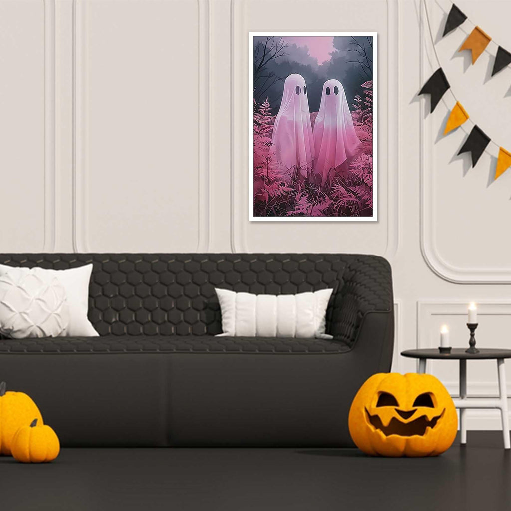 Retro White Two Ghost Posters Cute Horror Scary Wall Art Two Ghosts Wandering In The Plant Forest During The Day