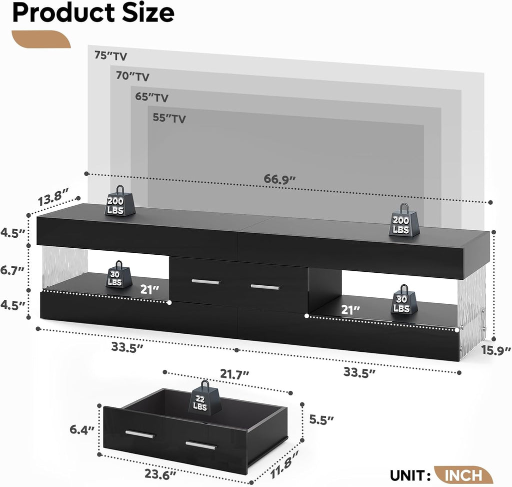 67" Modern TV Stand for TVs 55 to 75 Inch, High Gloss LED Entertainment Center with Stone-Patterned Doors, TV Console