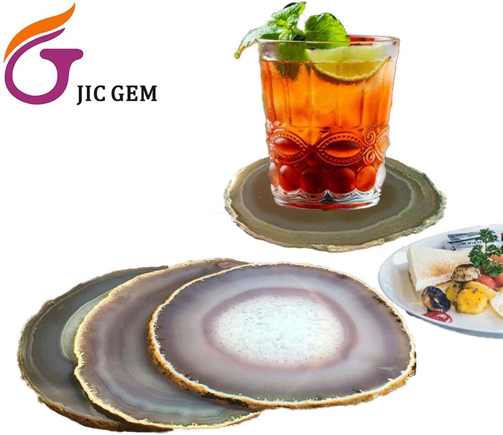 Natural Sliced Agate Coaster with Rubber Bumper (3.5-4", Natural) - Set of 4