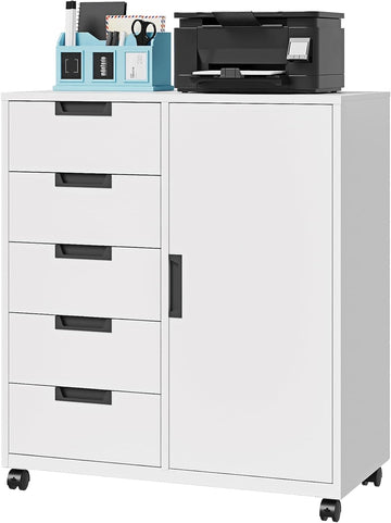 5 Drawer Storage Cabinet, Mobile Printer Stand,Dresser Chest with Shelves and Door(White)