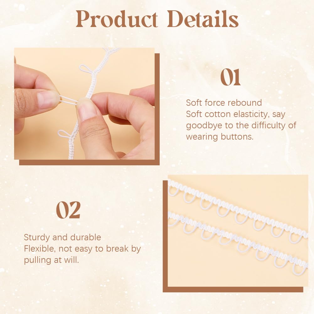 White Elastic Braid Fringe Tassel Buttonhole Loops Trim Ribbon with 40Pcs Cloth Fabric Covered Buttons - 2 Pcs 9 Yards
