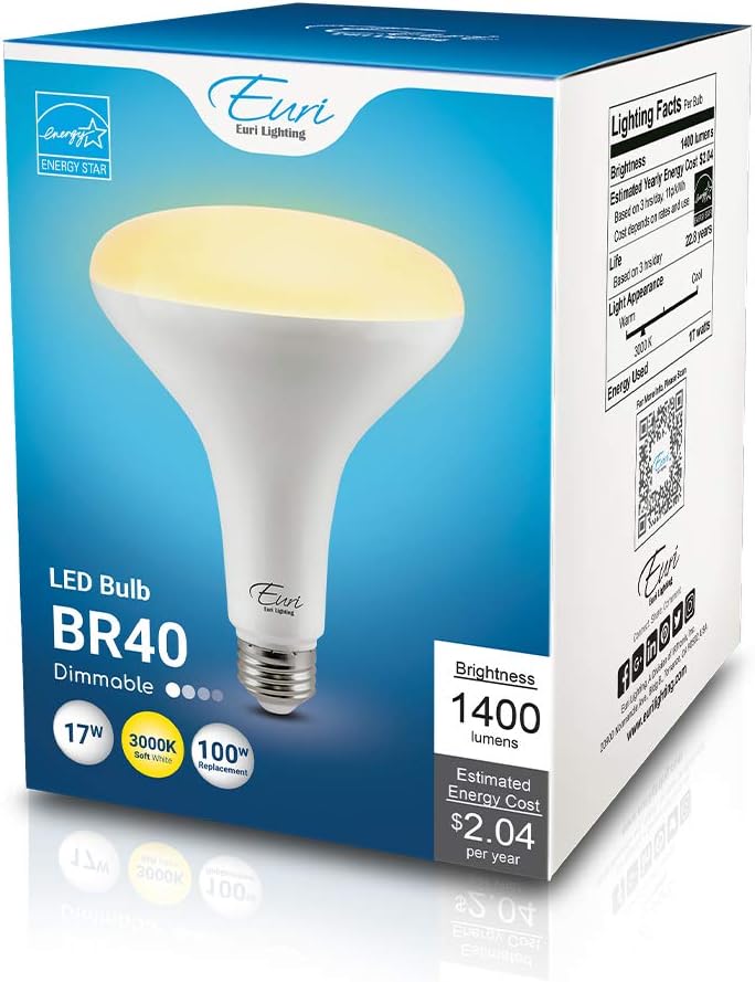LED BR40, 17W (100W Equiv.) 1400lm, Dim, 80 CRI, Soft White (3000K), 110° Beam Angle, Damp Rated, E26
