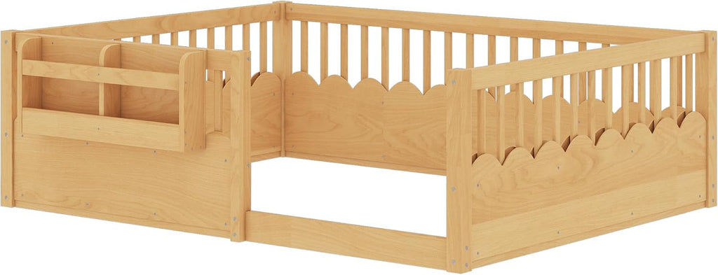 Floor Bed with Fence and Bookshelf, Solid Wood Montessori Floor Bed Frame with Storage Shelves, Low Profile