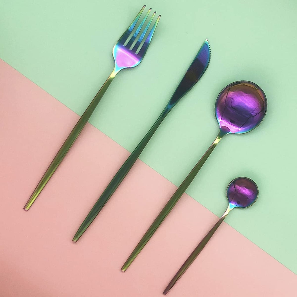 Rainbow Silverware Set, 24-Piece Stainless Steel Flatware Set Service For 6, Mirror Polished Iridescent Tableware