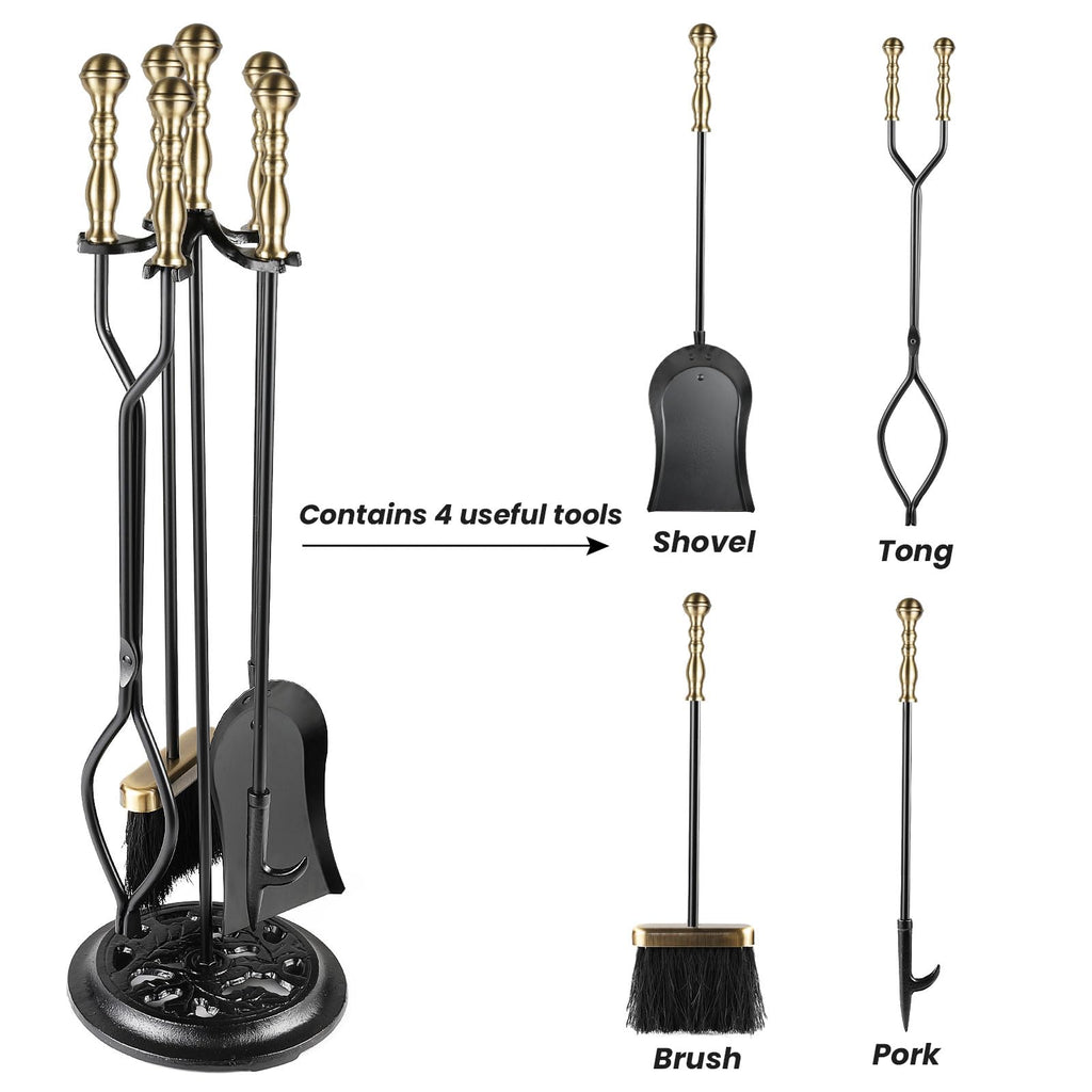 5 Pieces Fireplace Tools Sets Wrought Iron Firewood Kit with Handle Durable Tool Set and Holder for Fire Pit Stand