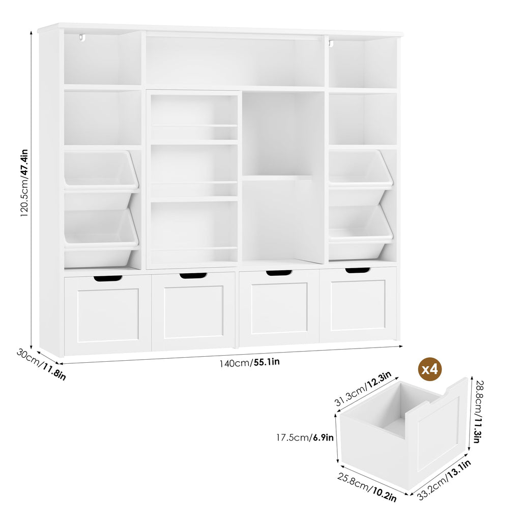 Toy Storage with Sliding Bookshelf, Toy Organizer with 4 Bins