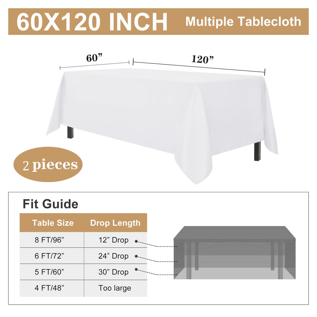2 Pack White Table Cloth 60x120 Inch for 8 Feet Rectangle Tables