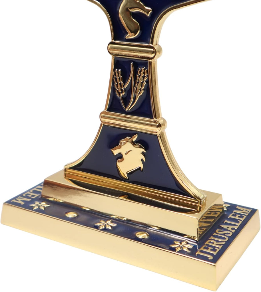 Jerusalem Blue Enamel 7 Branch 10.8" high, with 12 Tribes of Israel, Candlestick Candle Holders (10.8 inch) - Set of 11