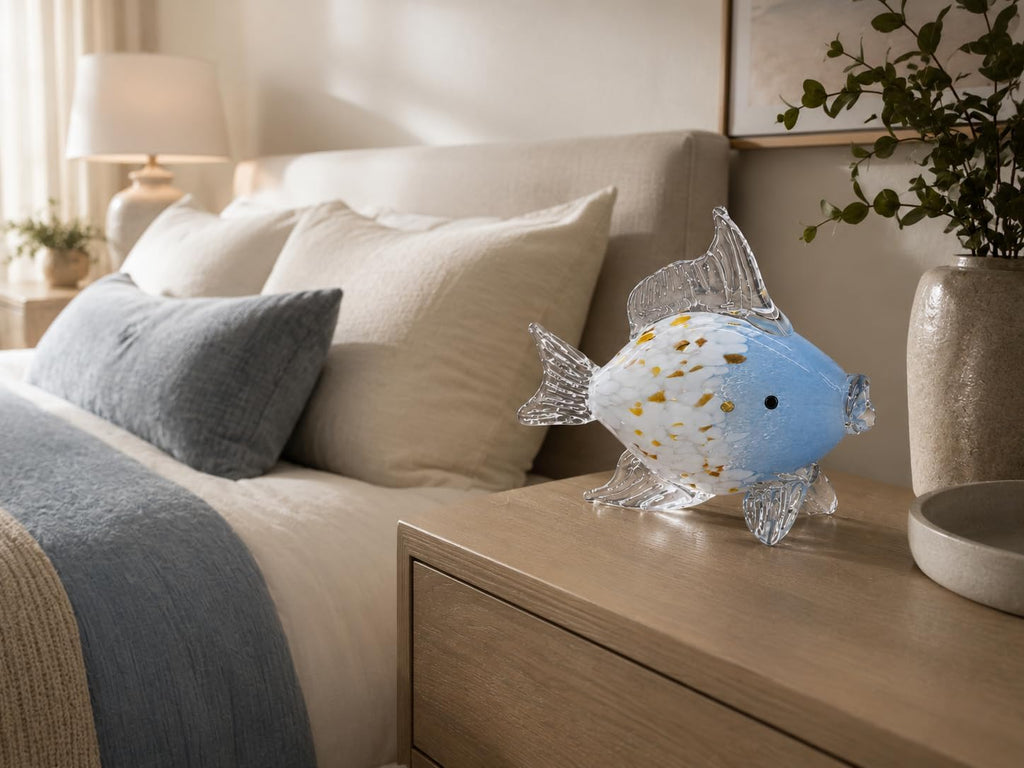 Hand Blown Glass Fish Figurine, Blue White Coastal Shelf Decor