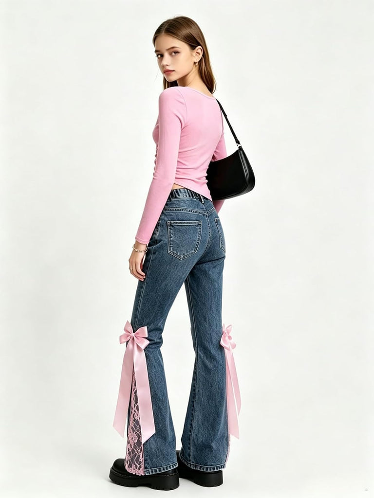 Girls 2 Piece Outfit Long Sleeve Ruched Top Flare Jeans Pants Set