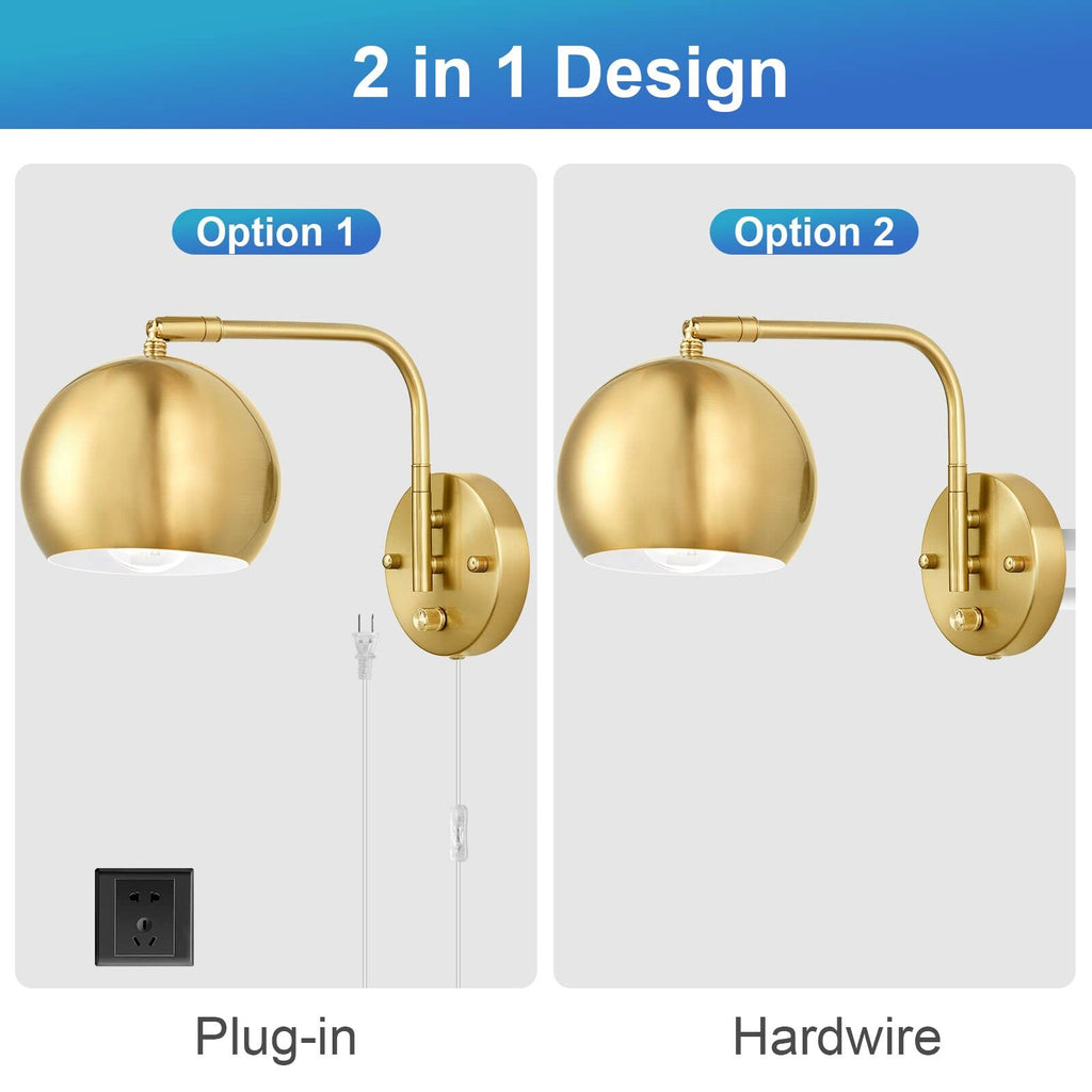 Wall Sconces Plug in, Dimmable Wall Sconce Swing Arm Wall Lights with Plug in Cord and Dimmer On/Off Knob Switch