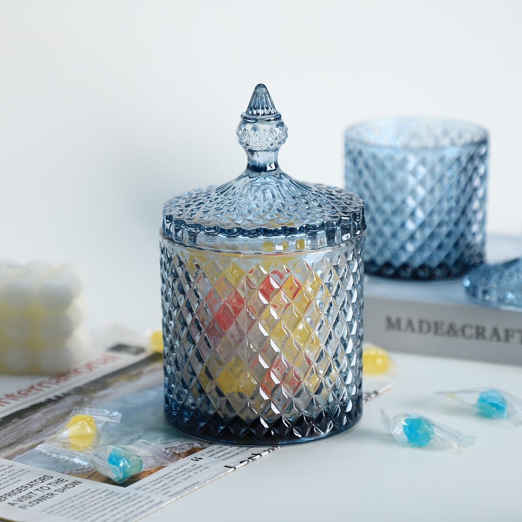 Diamond Faceted Crystal Glass Candy Jar with Lid, 18oz Blue Decorative Jar, Nut Jar, Dried Fruit Storage Jar.