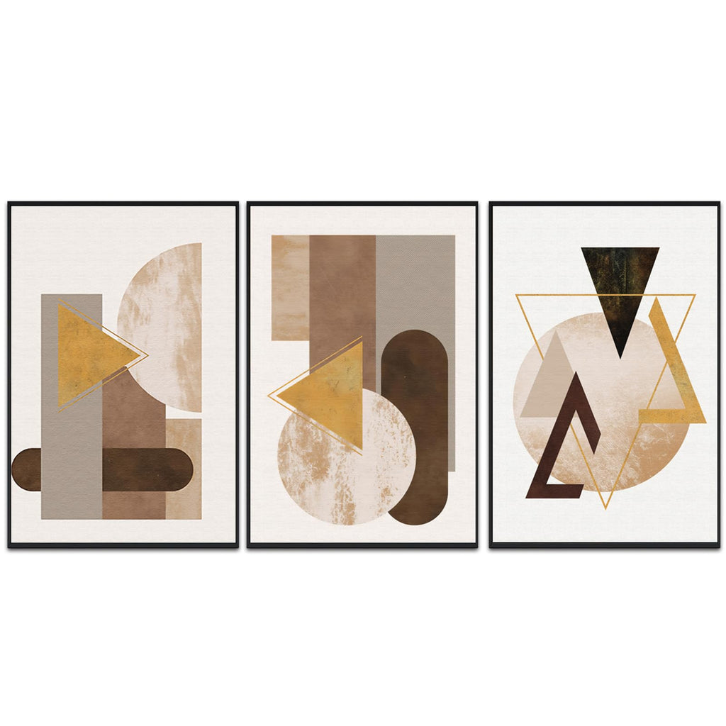 3Pcs Modern Brown Beige Geometric Abstract Framed Canvas Wall Art Decor