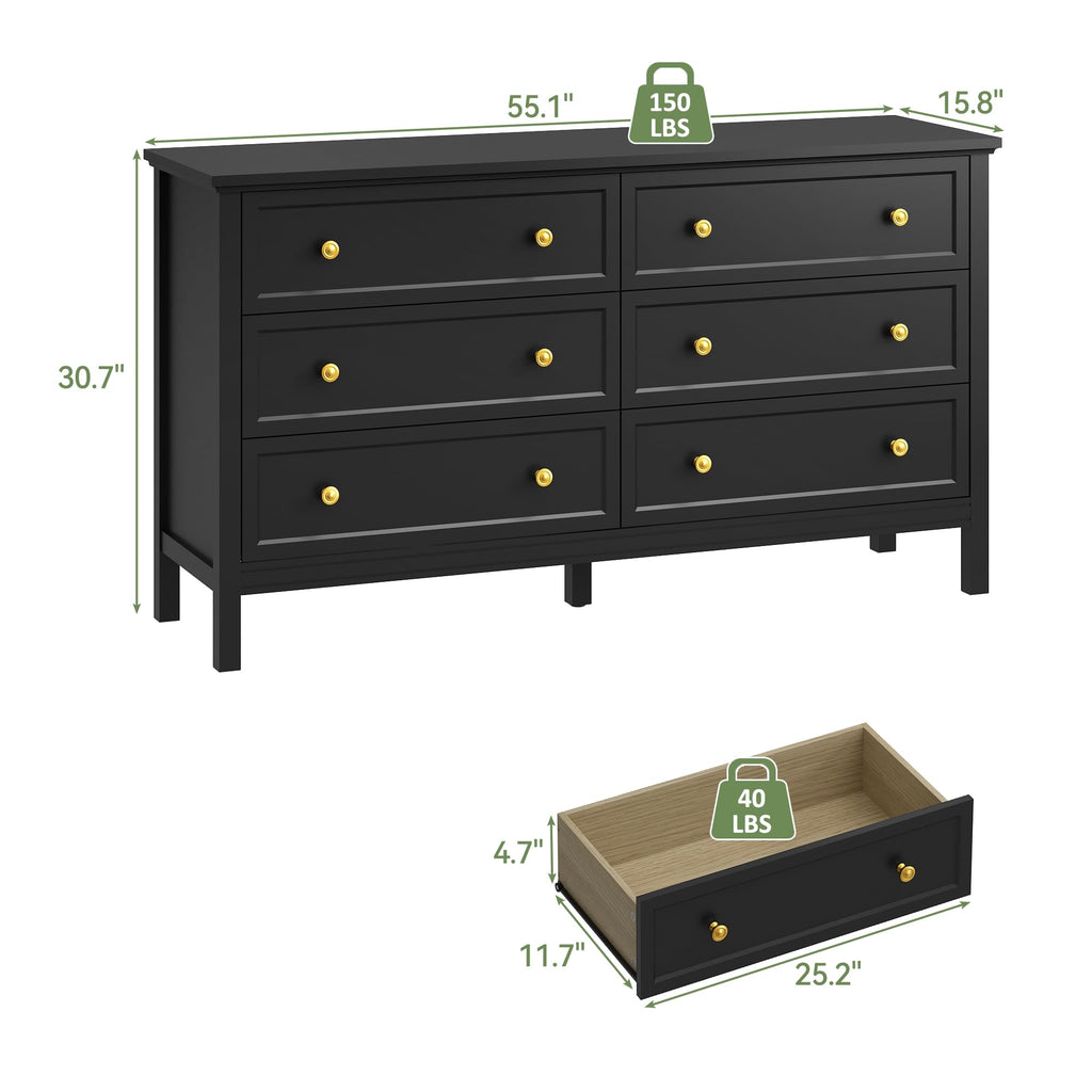 55'' Black Dresser with 6 Drawers, Wood Dressers Elegant Modern Chest of Drawer with Gold Handles Wood Legs, Large